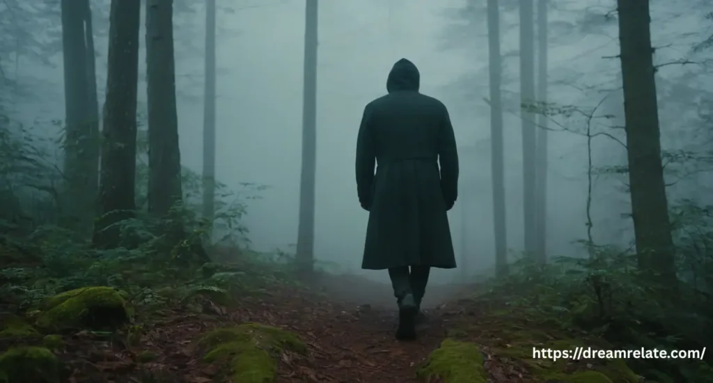 A symbolic, shadowy image of a figure walking through a misty forest, their back hunched as if carrying a heavy, unseen weight, representing a psychological burden.