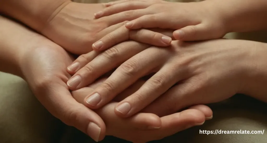 A soft, ethereal image showing two pairs of hands, one older and one younger, gently touching, symbolizing a lasting sibling bond across realms.