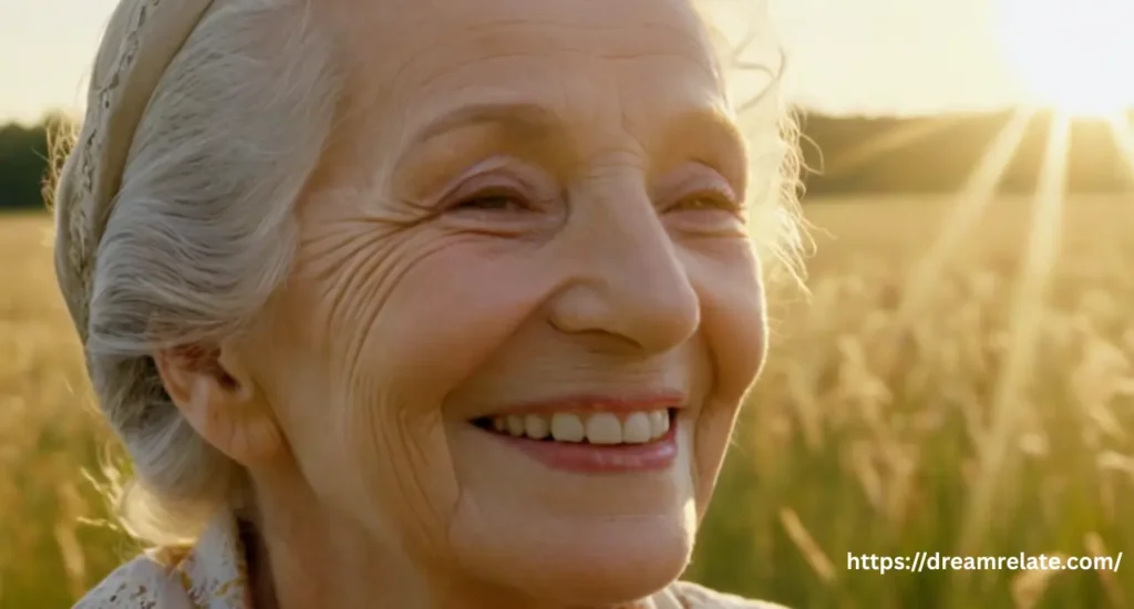 An ethereal image of an elderly woman's spirit smiling lovingly in a sunlit field, representing a visitation dream of a dead person.