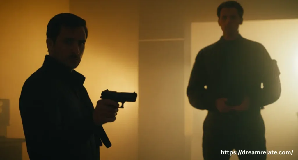 A shadowy figure stands before a person holding a handgun, symbolizing the anxiety in a dream of a gun not working.