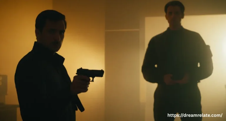 A shadowy figure stands before a person holding a handgun, symbolizing the anxiety in a dream of a gun not working.