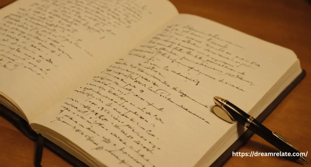 An open journal with handwritten notes and a pen, symbolizing the act of self-reflection and interpreting a dream's meaning.