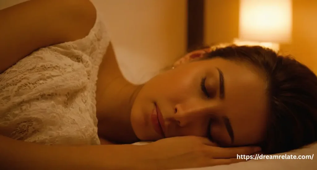 A person sleeping peacefully, with a soft, warm light around them, representing a comforting spiritual connection during a dream.
