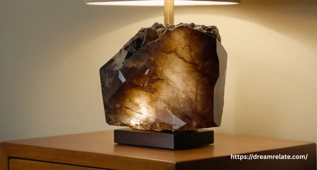 A piece of smoky quartz crystal on a nightstand, used for spiritual grounding after a nightmare about drowning.