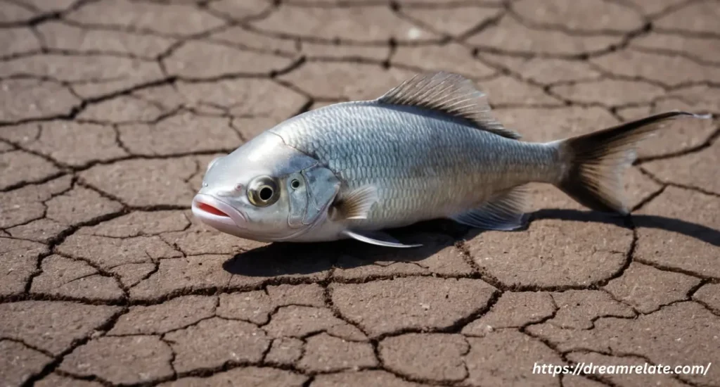 A fish on dry, cracked earth, symbolizing the emotional meaning of a dream of a fish out of water.