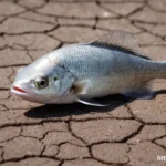 A fish on dry, cracked earth, symbolizing the emotional meaning of a dream of a fish out of water.